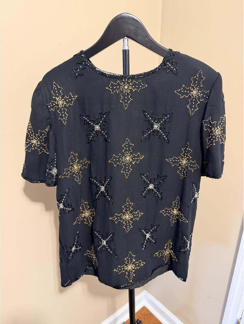 Vintage Night Vogue Silk Beaded Sequin Party Top Black India L 80s 90s